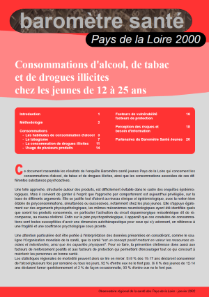 Consommations d'alcool, de tabac et de drogues illicites chez les jeunes de 12 à 25 ans. Résultats de l'enquête Baromètre santé jeunes Pays de la Loire 2000