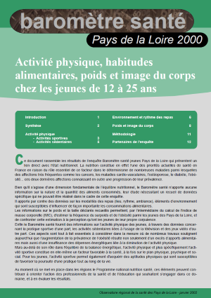 Activité physique, habitudes alimentaires, poids et image du corps chez les jeunes de 12 à 25 ans. Résultats de l'enquête Baromètre santé jeunes Pays de la Loire 2000