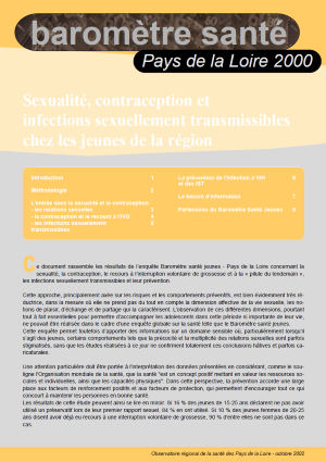 Sexualité, contraception et infections sexuellement transmissibles chez les jeunes de la région. Résultats de l'enquête Baromètre santé jeunes Pays de la Loire 2000