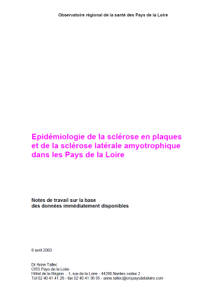 Épidémiologie de la sclérose en plaques et de la sclérose latérale amyotrophique dans les Pays de la Loire. Notes de travail sur la base des données immédiatement disponibles