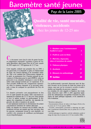 Qualité de vie, santé mentale, violences, accidents chez les jeunes de 12-25 ans. Résultats de l’enquête Baromètre Santé Jeunes Pays de la Loire 2005