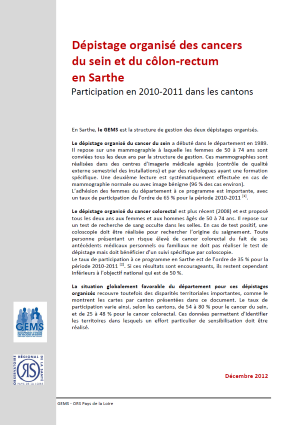 Dépistage organisé des cancers du sein et du côlon-rectum en Sarthe. Participation en 2010-2011 dans les cantons