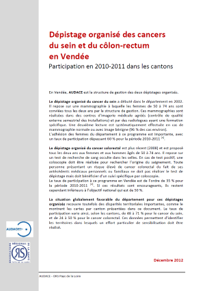 Dépistage organisé des cancers du sein et du côlon-rectum en Vendée. Participation en 2010-2011 dans les cantons