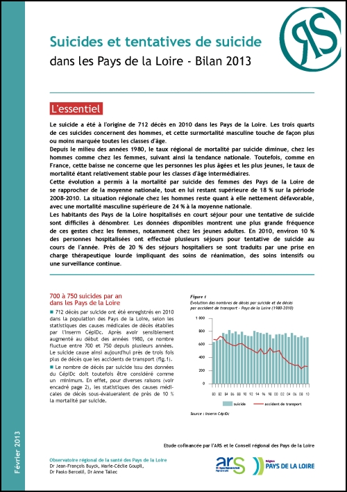 Suicides et tentatives de suicide dans les Pays de la Loire et les départements - Bilan 2013