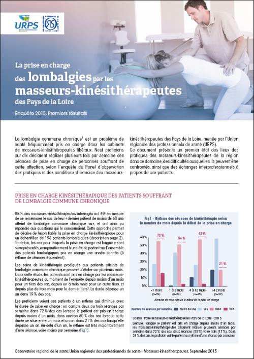 La prise en charge des lombalgies par les masseurs-kinésithérapeutes des Pays de la Loire. Enquête 2015. Premiers résultats