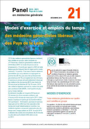 Modes d’exercice et emplois du temps des médecins généralistes libéraux des Pays de la Loire. N° 21. Panel d'observation des pratiques et des conditions d'exercice en médecine générale