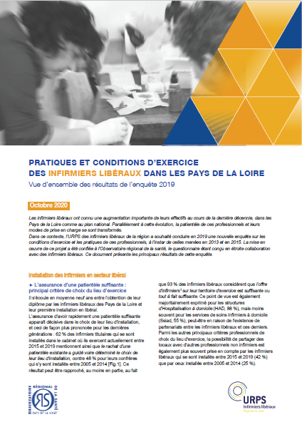 Pratiques et conditions d'exercice des infirmiers libéraux dans les Pays de la Loire. Vue d’ensemble des résultats de l’enquête 2019