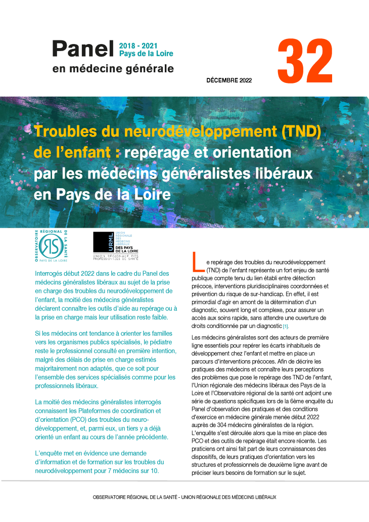 Troubles du neurodéveloppement (TND) de l’enfant : repérage et orientation par les médecins généralistes libéraux en Pays de la Loire. N° 32