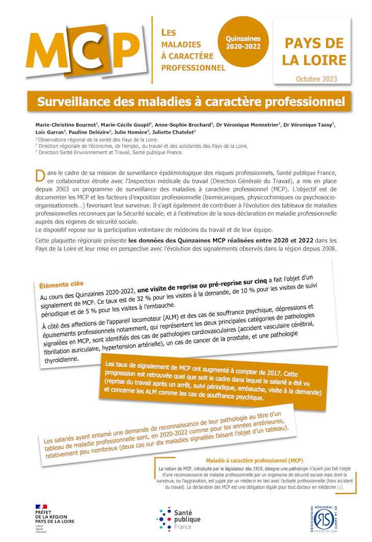 Surveillance des maladies à caractère professionnel. Quinzaines 2020-2022. Pays de la Loire