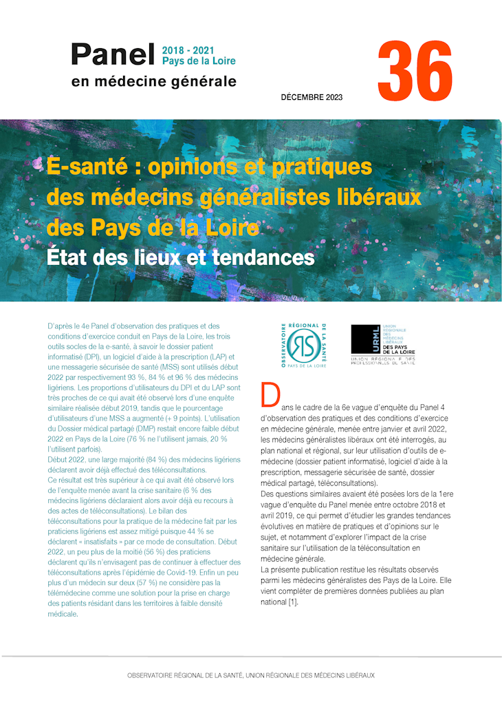 E-santé : opinions et pratiques des médecins généralistes libéraux des Pays de la Loire. N° 36
