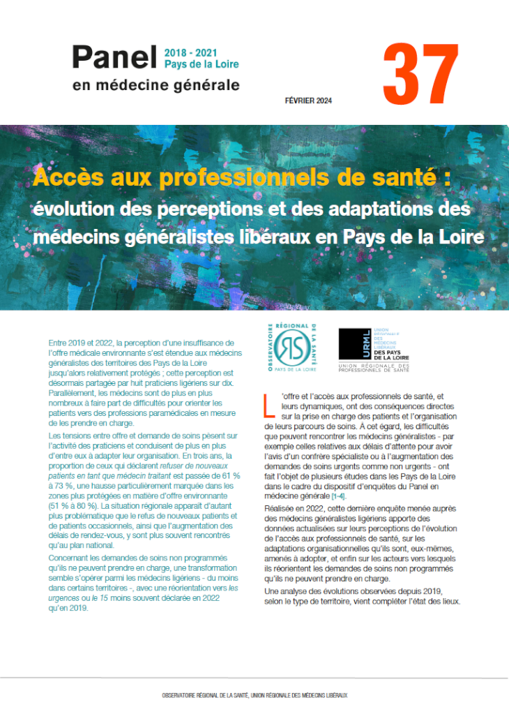 Accès aux professionnels de santé : évolution des perceptions et des adaptations des médecins généralistes libéraux en Pays de la Loire. N° 37