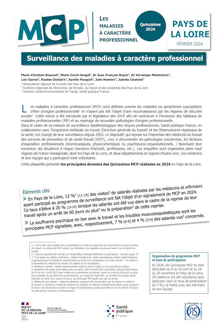 Les maladies à caractère professionnel. Quinzaines 2024. Pays de la Loire