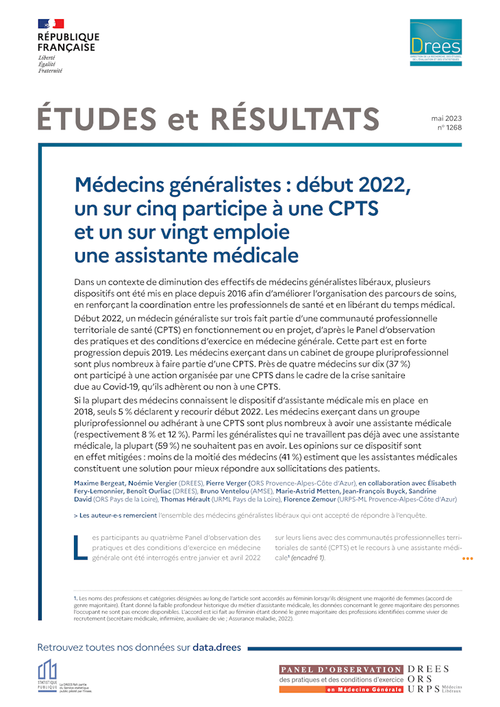 Médecins généralistes : début 2022, un sur cinq participe à une CPTS et un sur vingt emploie une assistante médicale