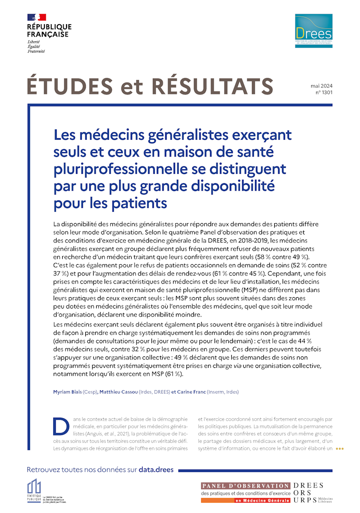 Les médecins généralistes exerçant seuls et ceux en maison de santé pluriprofessionnelle se distinguent par une plus grande disponibilité pour les patients